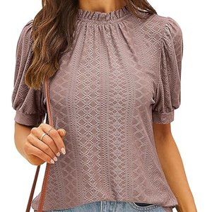 FMeyoa Women's Puff Short Sleeve T Shirt Dressy Casual Eyelet Mock Neck Blouse L